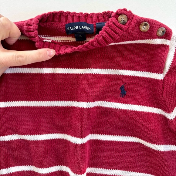 Ralph Lauren Toddler Sweater Red & White Striped w/ Button Accent Sz 6 Cotton - Picture 3 of 8